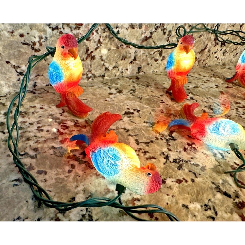 Tropical Paradise Parrot String Lights 10 Parrots 4" Each Rubber Indoor Outdoor